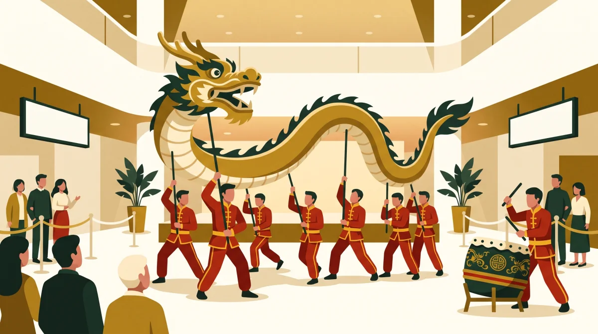 插圖:商場中庭的舞龍表演,一條金色長龍由多位穿紅色武術服的舞者以龍杆舉起,龍身呈 S 形,旁邊一位鼓手打大鼓,賓客在圍欄後觀看